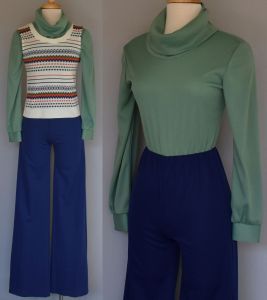 70's Jumpsuit with Coordinating Vest, Green and Navy Blue, Cowl Neck and Wide Legs, XXS 2XS
