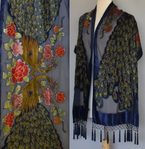 90s Peacock Silk Burnout Velvet Devore Fringed and Beaded Shawl with Red Roses