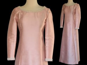 60s Pink Silk Dupioni Silk Evening Gown Embellished with Faux Pearls, Long Ankle Length Dress