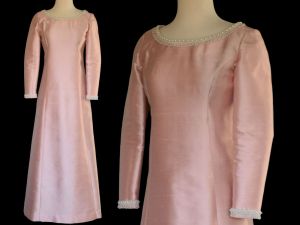 60s Pink Silk Dupioni Silk Evening Gown Embellished with Faux Pearls, Long Ankle Length Dress - Fashionconstellate.com