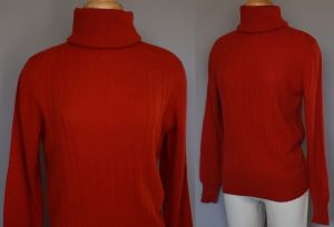 90s Red Cashmere Turtleneck Pullover Sweater with Cable Knit Front by I Magnin