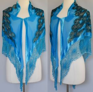 90s Beaded and Sequined Peacock Silk Rayon Burnout Shawl with Spider Web Fringe - Fashionconstellate.com