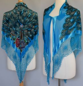 90s Beaded and Sequined Peacock Silk Rayon Burnout Shawl with Spider Web Fringe