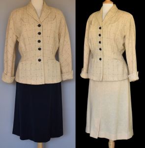 40s Skirt Suit, Windowpane Check Wool Hourglass Peplum Style Jacket and Two Skirts, Briny Marlin