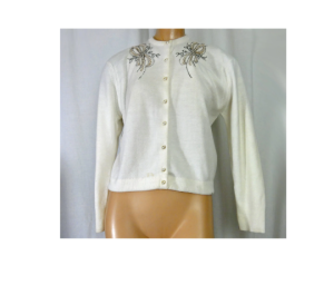 Beaded Sweater Vintage 50s Cardigan Off White Embellished Faux Pearl Bow Trim Wedding Bridal - Fashionconstellate.com