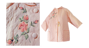 Vintage 50s Bed Jacket Pink Quilted Short Robe Deadstock with Roses and Rhinestones Feiner Fashions
