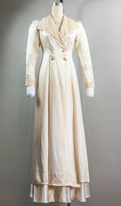 Stunning 30s/40s Cream Silk Satin Trench Styled Peignoir Robe, Tambour Lace, Bridal - Fashionconstellate.com