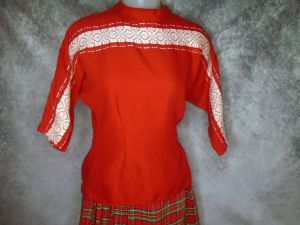 40s Red White Dolman Top with Silver, Curvy Woven Cotton - Fashionconstellate.com
