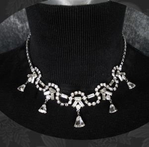 Rhinestone Necklace, Rhodium Finish Choker with Lavish Dangles, Holiday Sparkle ~ 40s