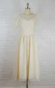 1970s cream white chiffon tea length dress with statement sleeves . small - Fashionconstellate.com