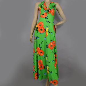 VIVID Green & Orange Floral Print Sleeveless Vintage 70s Empire Maxi Dress S M