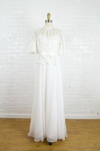 1980s white chiffon and lace sleeveless wedding dress with bolero jacket by Bianchi . small medium - Fashionconstellate.com