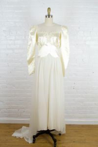 1940s wedding dress . vintage 40s embroidered vanilla satin long sleeved wedding gown . small  - Fashionconstellate.com