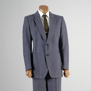 Large Mens 1970s Blue Suit Two Piece Woven Tweed Black Label Blazer Jacket