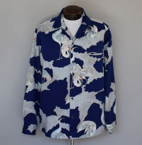 70s Japanese Crane Print Hawaiian Long Sleeve Shirt