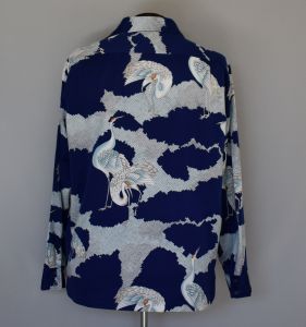 70s Japanese Crane Print Hawaiian Long Sleeve Shirt - Fashionconstellate.com