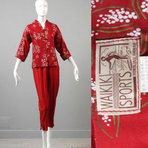 XS 1950s Pant Set Red Asian Inspired Floral Jacket High Waist Cigarette Pants Hawaiian Beach Outfit