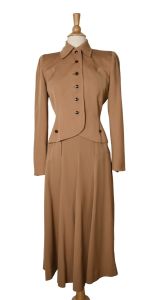 Vintage 40s Julliard Caramel Gabardine Wool Deco Peplum Skirt Blazer Suit Set - Fashionconstellate.com