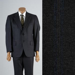40R Medium Mens 1970s Suit Two Piece Charcoal Blue Pinstripe Jacket Blazer Flat Front Pants