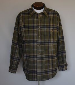 90s Khaki & Green Plaid Button Front Wool Flannel Shirt