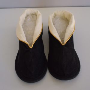 40s Black Corduroy Slippers With White Fold Down Cuffs with Metallic Gold Piping, Unworn, Size 6.5 - Fashionconstellate.com