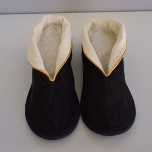 40s Black Corduroy Slippers With White Fold Down Cuffs with Metallic Gold Piping, Unworn, Size 6