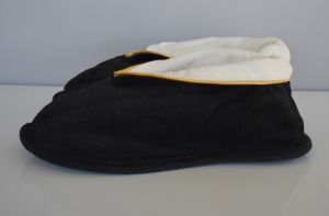 40s Black Corduroy Slippers With White Fold Down Cuffs with Metallic Gold Piping, Unworn, Size 6 - Fashionconstellate.com