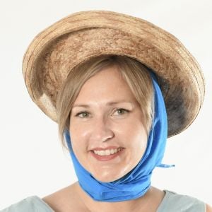 Straw Sun Tilt Hat with Attached Blue Neck Scarf