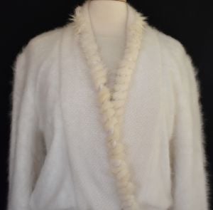 90s Angora Cardigan Sweater, Mink Fur Trim, Off White 90% High Content Angora, CHRISTINE PHILLIPE - Fashionconstellate.com