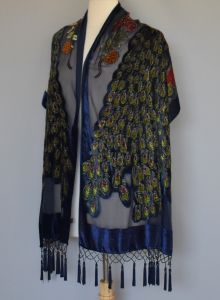 90s Peacock Silk Burnout Velvet Devore Fringed and Beaded Shawl with Red Roses - Fashionconstellate.com