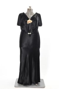 1930s Black Satin Caped Flutter Sleeve Bias Cut Plus Size Art Deco Evening Gown Dress - Fashionconstellate.com