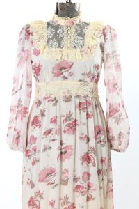 Pink Poppy Flowers Cream Victorian Revival High Neck Long Sleeve Prairie Maxi Dress - Fashionconstellate.com