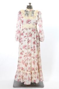Pink Poppy Flowers Cream Victorian Revival High Neck Long Sleeve Prairie Maxi Dress