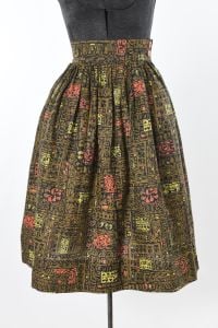 50s Olive Green Elephant India Style Block Print Dirndl Pinup Skirt