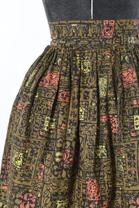 50s Olive Green Elephant India Style Block Print Dirndl Pinup Skirt - Fashionconstellate.com