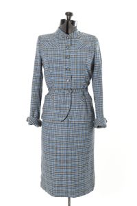 50s Blue Gray Plaid Wool Skirt Suit