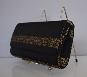 60s Tatsumuma Black Silk Metallic Gold Brocade Clutch Purse with Kabuki Style Figures - New in Box - Fashionconstellate.com