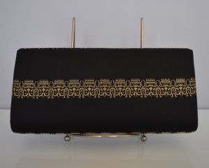 60s Tatsumuma Black Silk Metallic Gold Brocade Clutch Purse with Kabuki Style Figures - New in Box