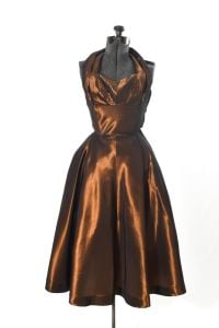 1950s Copper Halter Bust Shelf Changeable Taffeta Full Skirt Underbust Jacket Party Dress Set - Fashionconstellate.com