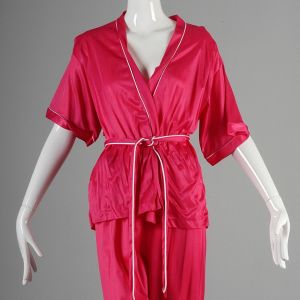 Medium Hot Pink Pajama Set 1970s Two Piece Silky Satin Sleepwear Fuchsia Lounge Pants - Fashionconstellate.com