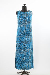 1960s Blue Black Sleeveless Never Worn Tahitian Print Hawaiian Maxi Dress - Fashionconstellate.com