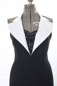 1990s Black White Wide Tuxedo Lapel Sleeveless High Front Slit Full Length Evening Gown  - Fashionconstellate.com