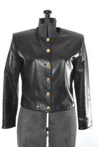 90s Black Leather Gold Buttons Short Leather Jacket