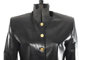 90s Black Leather Gold Buttons Short Leather Jacket - Fashionconstellate.com