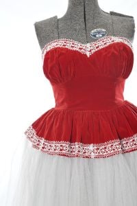 50s Red Velvet White Tulle Boned Shelf Bodice Winter Ballgown - Fashionconstellate.com