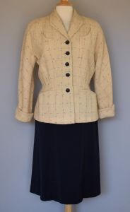 40s Skirt Suit, Windowpane Check Wool Hourglass Peplum Style Jacket and Two Skirts, Briny Marlin - Fashionconstellate.com