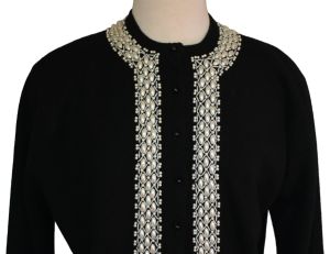 50s Hand Beaded Black Cashmere Angora Cardigan Sweater, 3-D Faux Pearl Embellishment, L to XL - Fashionconstellate.com
