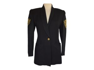 80s Criscione New York Black Hourglass Blazer Jacket With Metallic Gold Appliques, Size Petite Small - Fashionconstellate.com