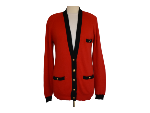90s Neiman Marcus Cashmere Cardigan Sweater, Red with Black Accents - Fashionconstellate.com