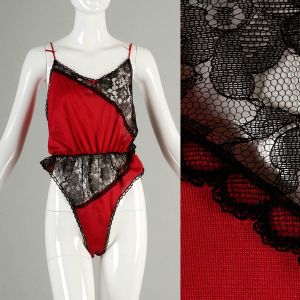 Large 1980s Lingerie Vintage Red Teddy Sexy Black Lace French Cut